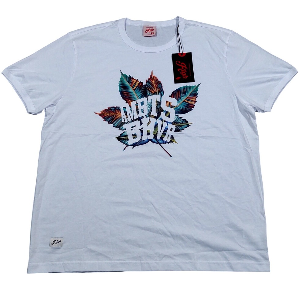 Rtgb Summer Leaf T-Shirt Mens 2X White Graphic‎ Print Cotton HST207 NEW